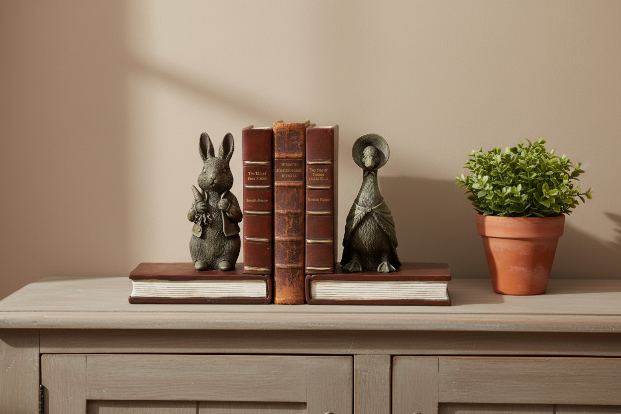 Two decorative bookends shaped like a rabbit and a duck sitting on a shelf next to three vintage-style brown books and a potted green plant against a beige wall.