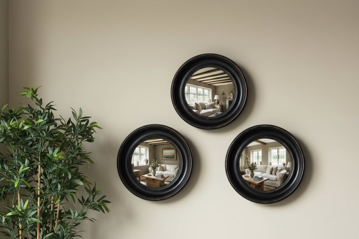 Three round black-framed mirrors on a beige wall with a plant to the left.