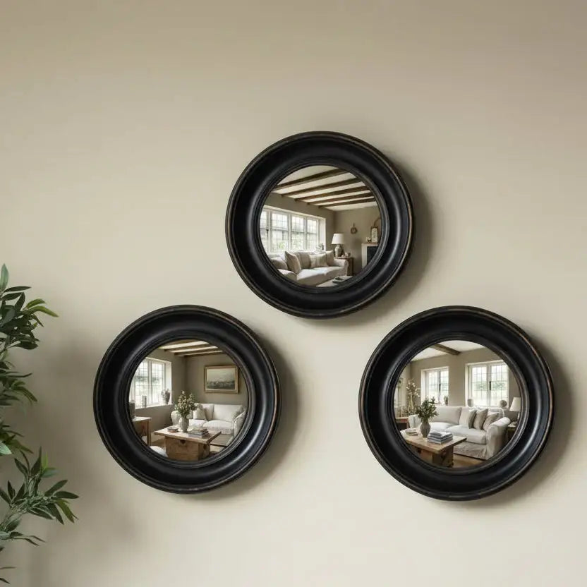 Set of 3 Antique Black Round Convex Framed Mirrors