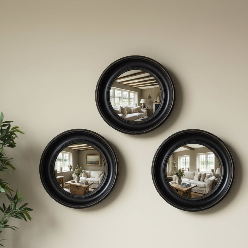 Three round black-framed mirrors on a beige wall reflecting a living room.
