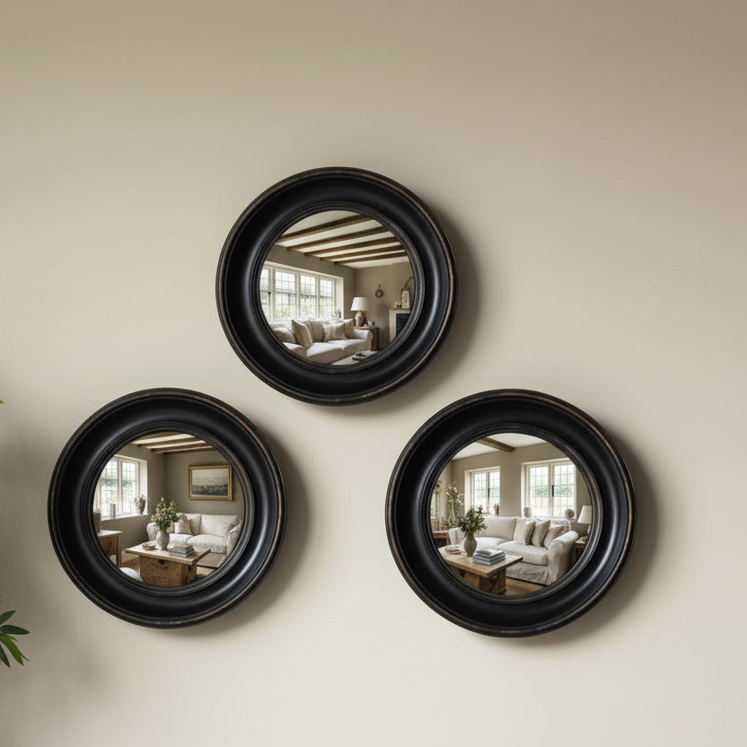 Three round black-framed mirrors on a beige wall reflecting a living room.