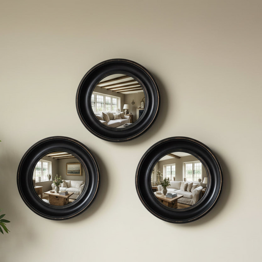 Three round black-framed mirrors on a beige wall reflecting a living room.