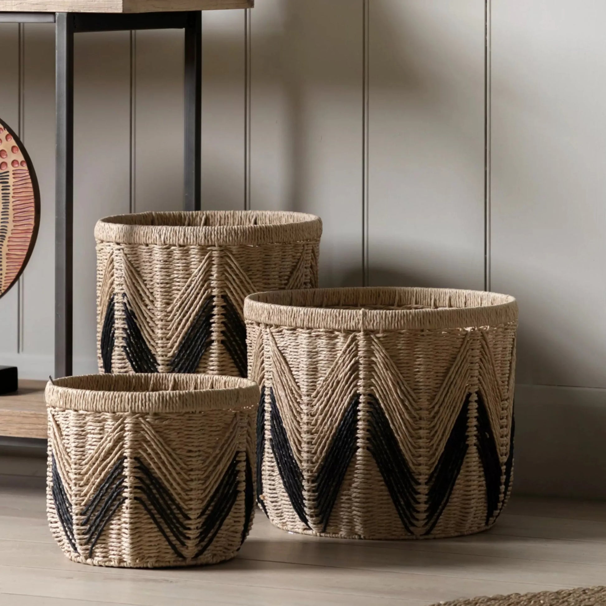 Set of 3 Black Chevron Design Woven Baskets