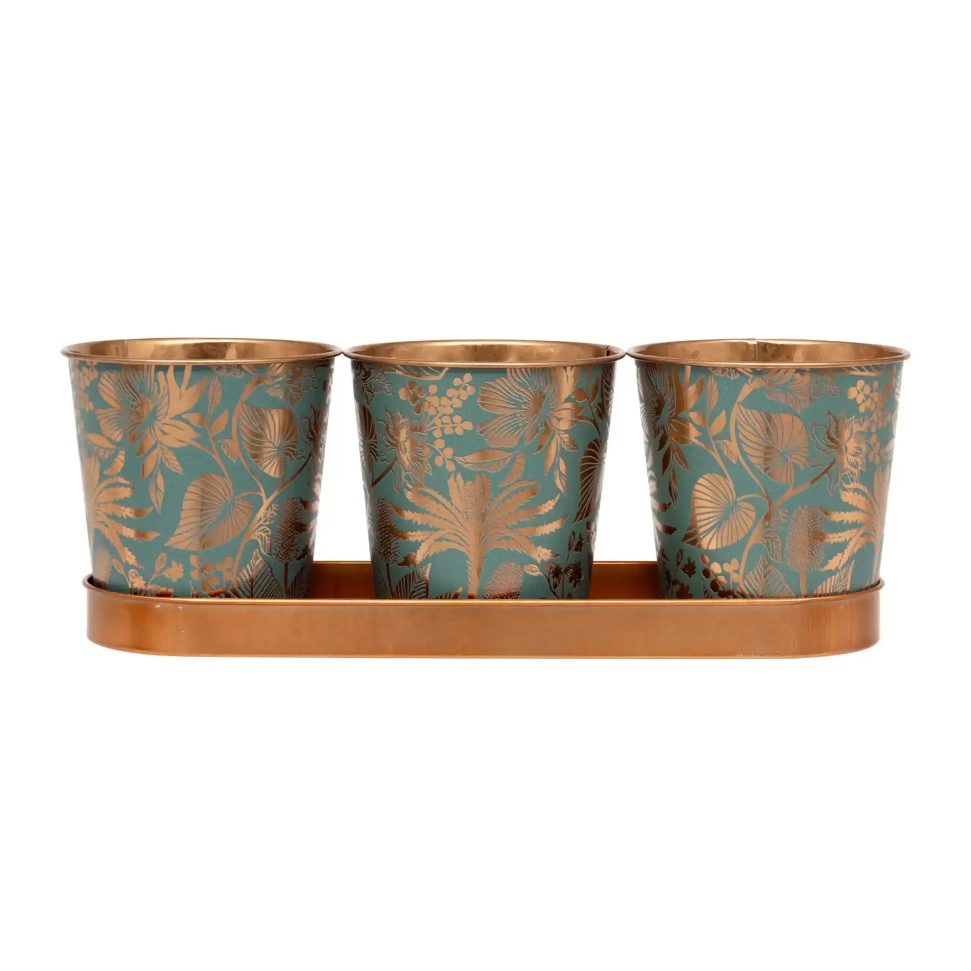 Set of 3 Bronze Leaf Pots with Tray