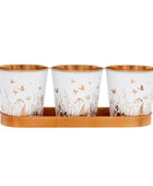 Three white cups with gold floral designs on a wooden tray against a white background