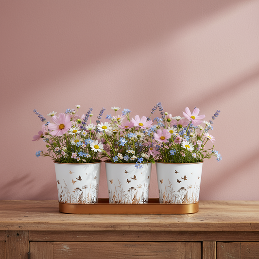Set of 3 Bronze & White Meadow Pots with Tray