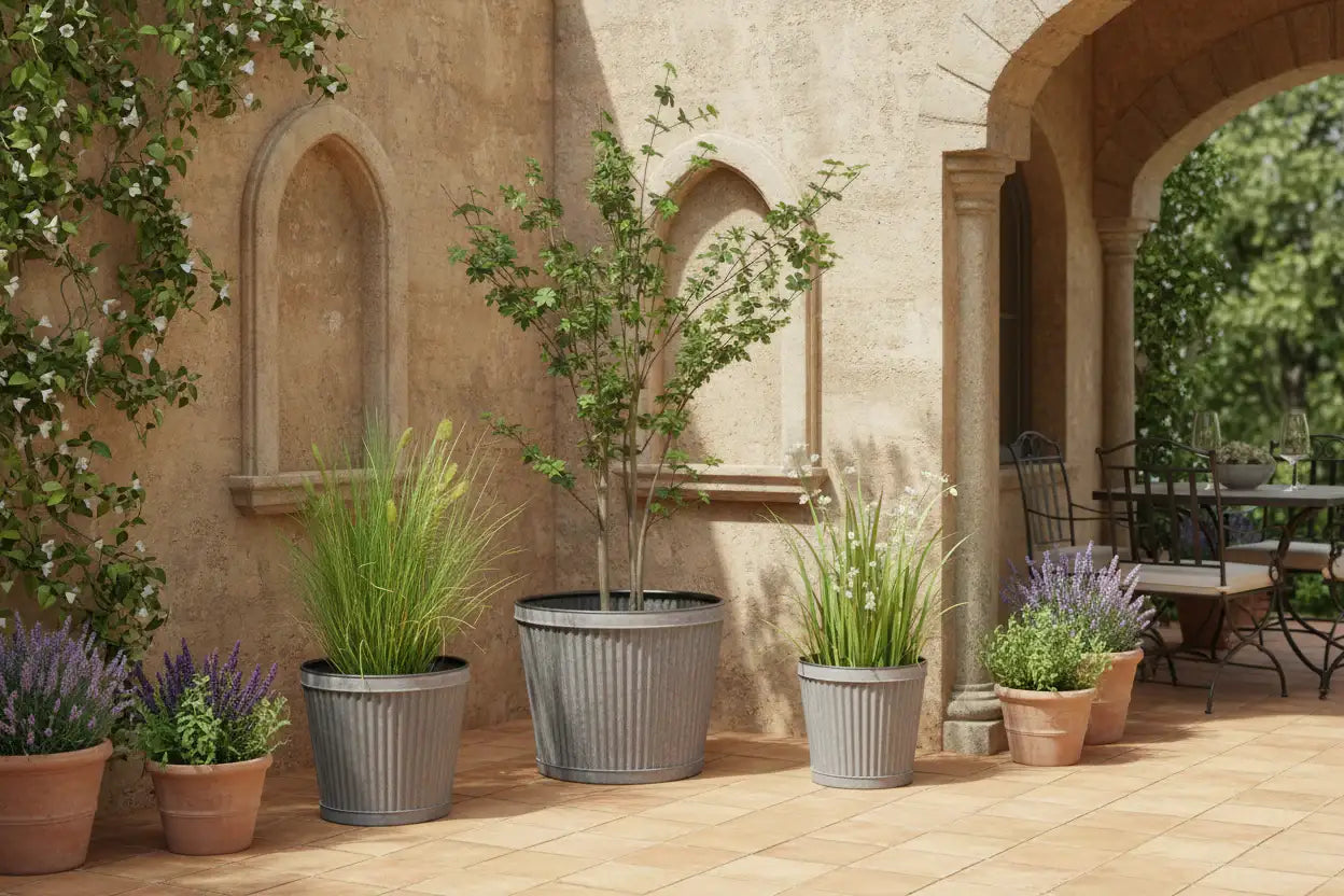 Set of 3 Distressed Metal Fluted Planters