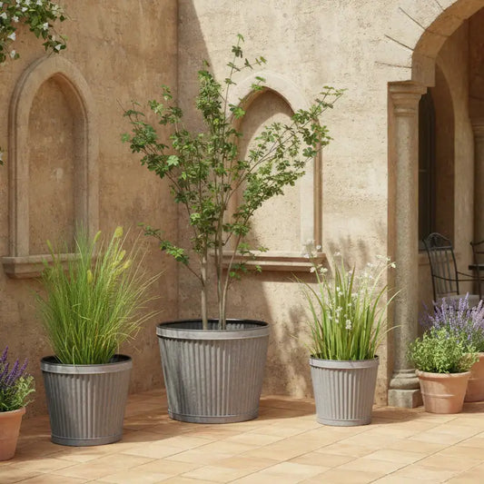 Set of 3 Distressed Metal Fluted Planters