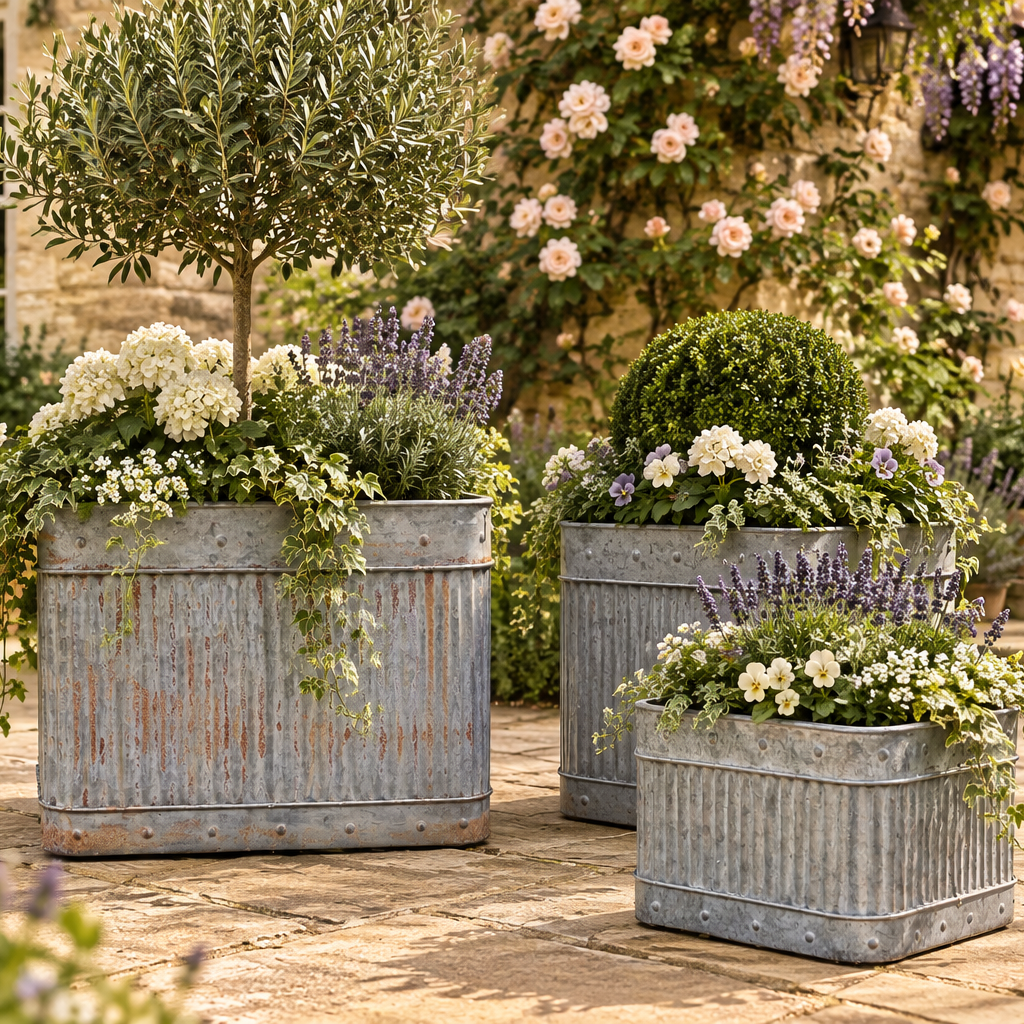 Set of 3 Distressed Square Ribbed Planters