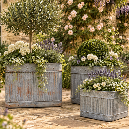 Set of 3 Distressed Square Ribbed Planters