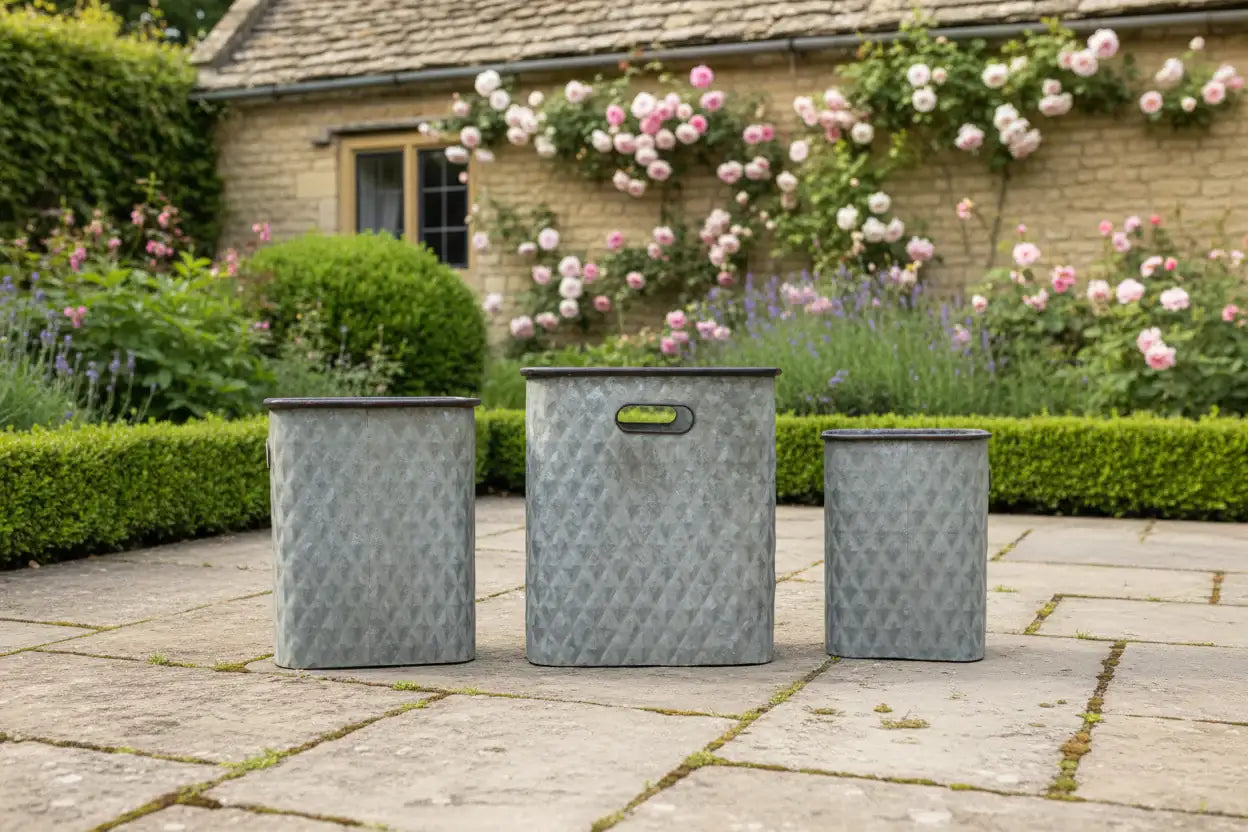 Three metallic baskets with diamond pattern on a wooden floor against a gray wall.