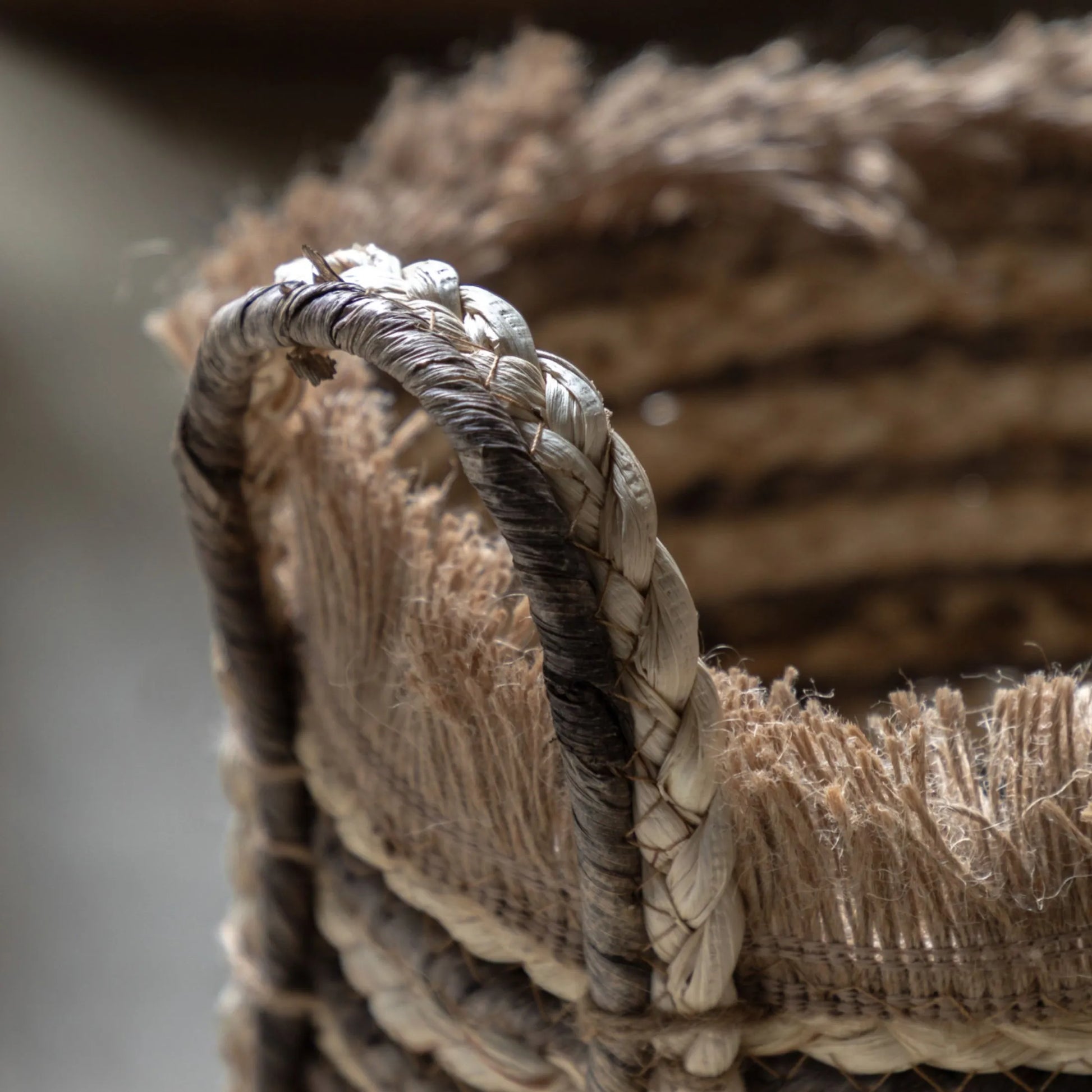 Set of 3 Fringed Brown Woven Storage Baskets