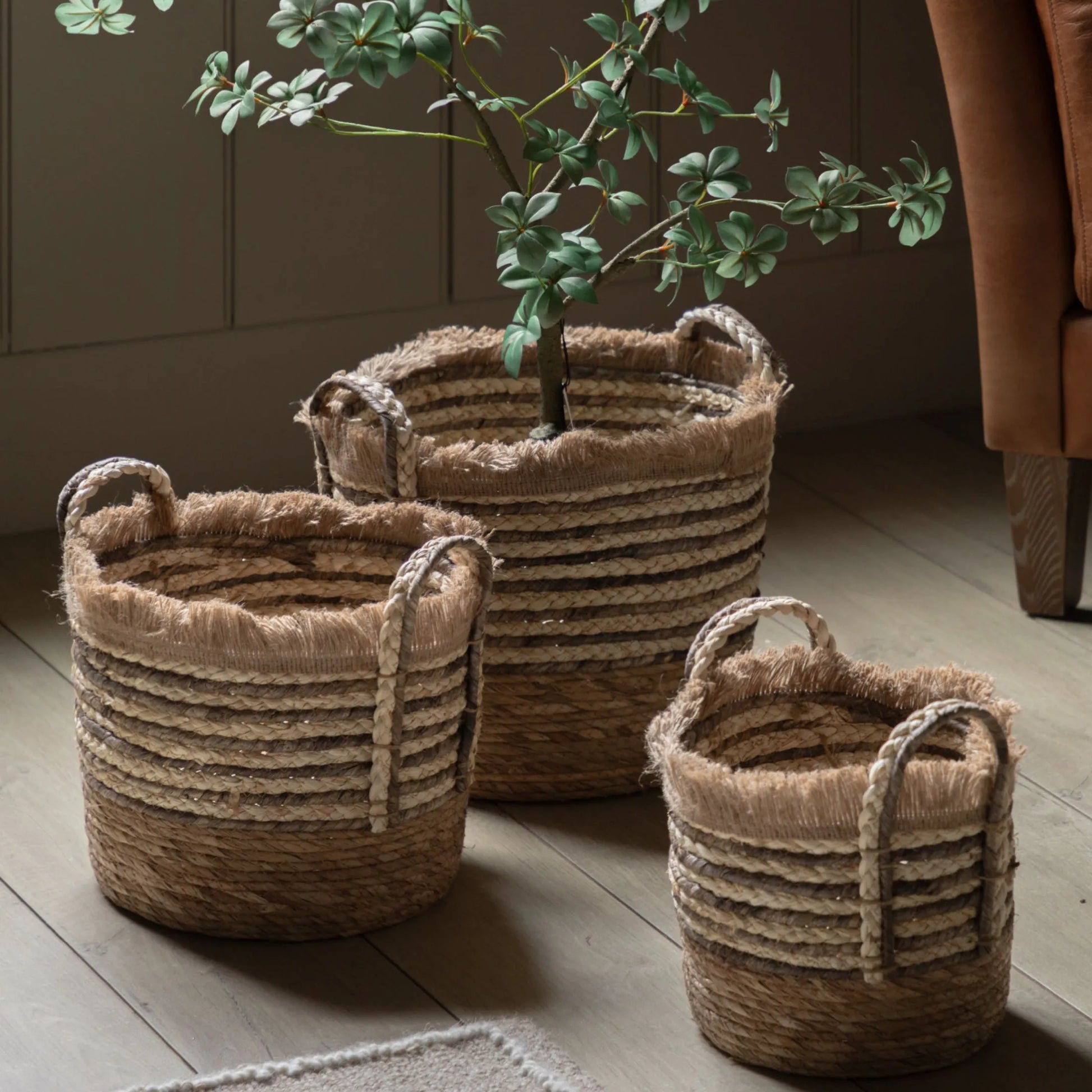 Set of 3 Fringed Brown Woven Storage Baskets 4