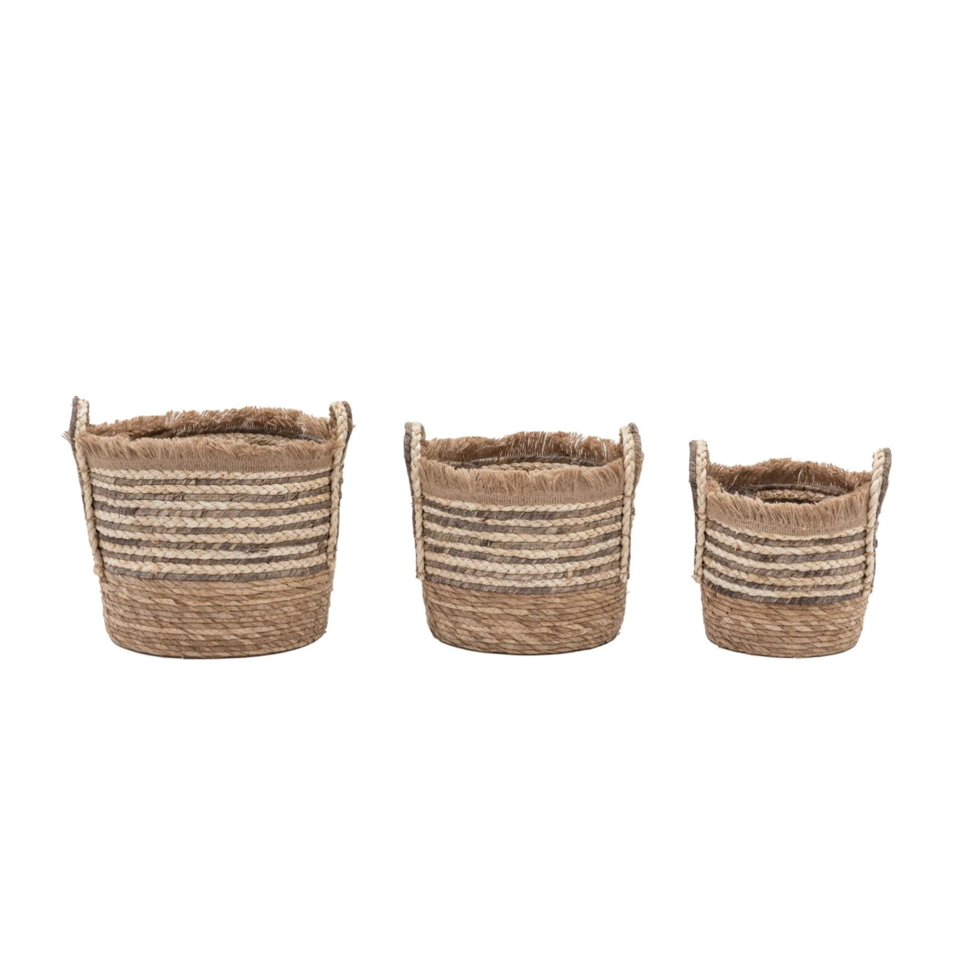 Set of 3 Fringed Brown Woven Storage Baskets 2