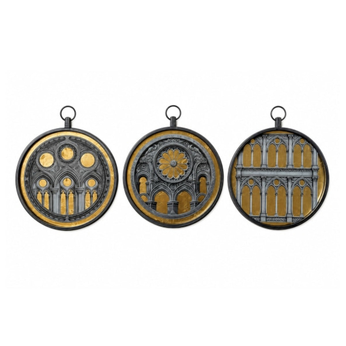Three circular black-framed wall art pieces with hanging loops, each showing a different architectural design in gold and dark gray, displayed side by side on a white background.