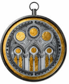 A round pendant or medallion featuring a Gothic cathedral window design in metallic silver and textured gold, with a top hanging loop, shown on a plain white background.