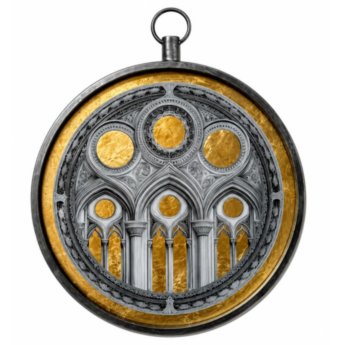 A round pendant or medallion featuring a Gothic cathedral window design in metallic silver and textured gold, with a top hanging loop, shown on a plain white background.
