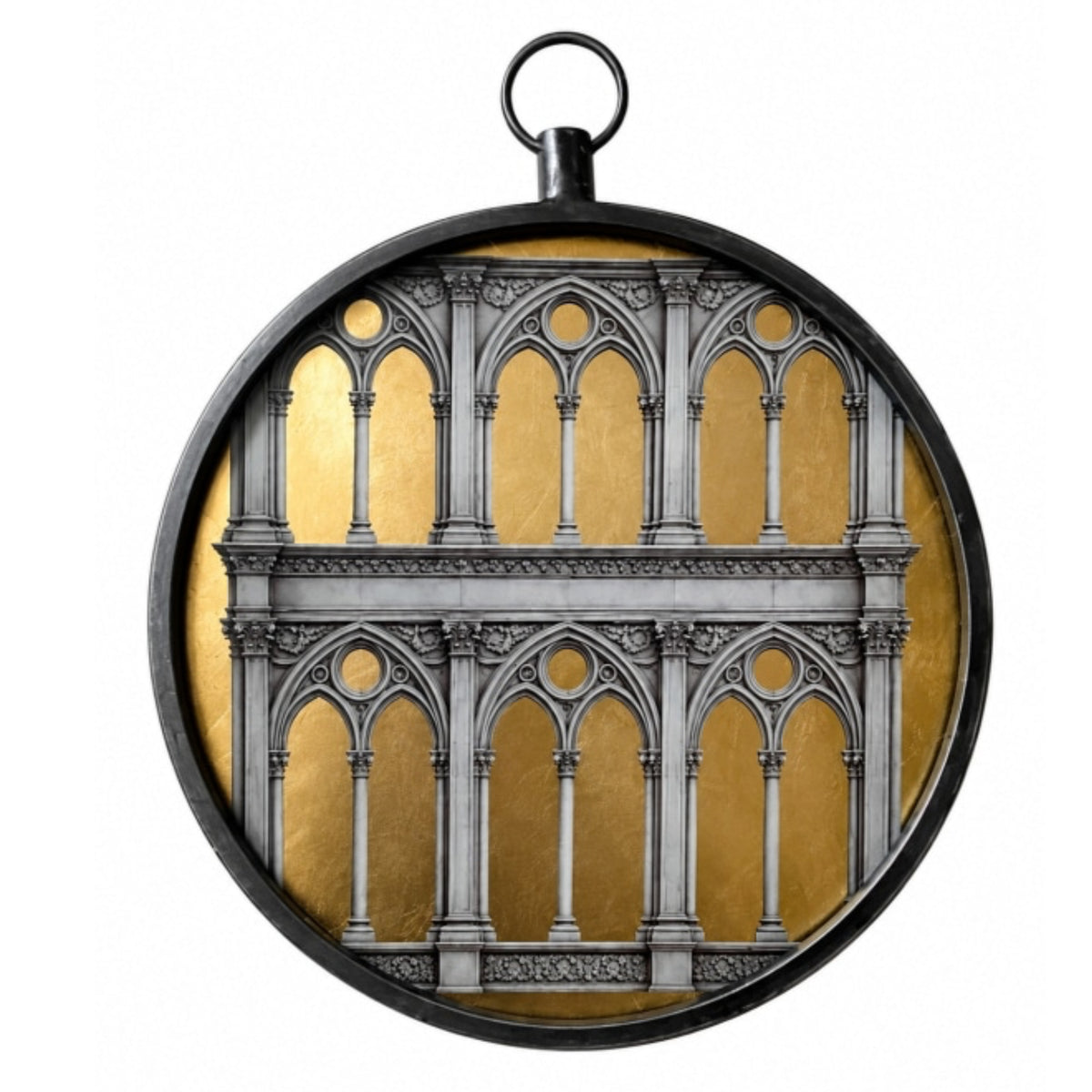 A circular pendant or medallion featuring a Gothic-style arch pattern in gray over a textured gold background, enclosed in a black metal frame with a hanging loop at the top, shown on a plain white background.