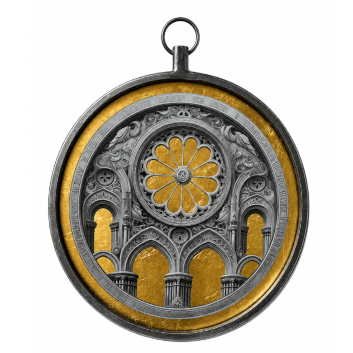 A circular pendant or medallion featuring a detailed gothic rose window design with gold and silver elements, complete with a hanging loop at the top, shown on a plain white background.