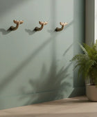 Three decorative wall hooks on a light green wall with a potted plant on a wooden surface.