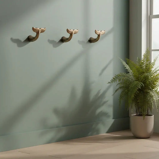 Three decorative wall hooks on a light green wall with a potted plant on a wooden surface.