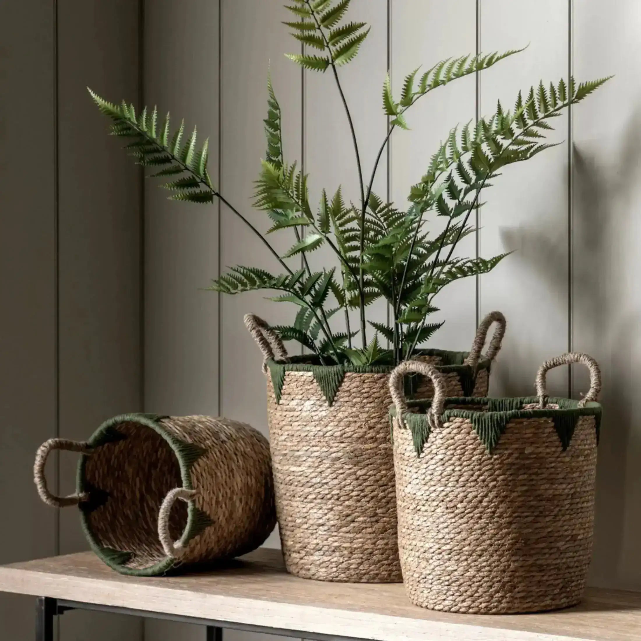 Set of 3 Green Triangle Design Woven Baskets | The Farthing