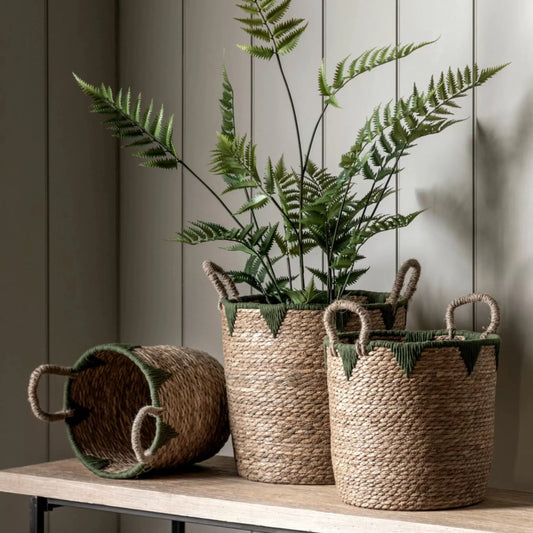 Set of 3 Green Triangle Design Woven Baskets