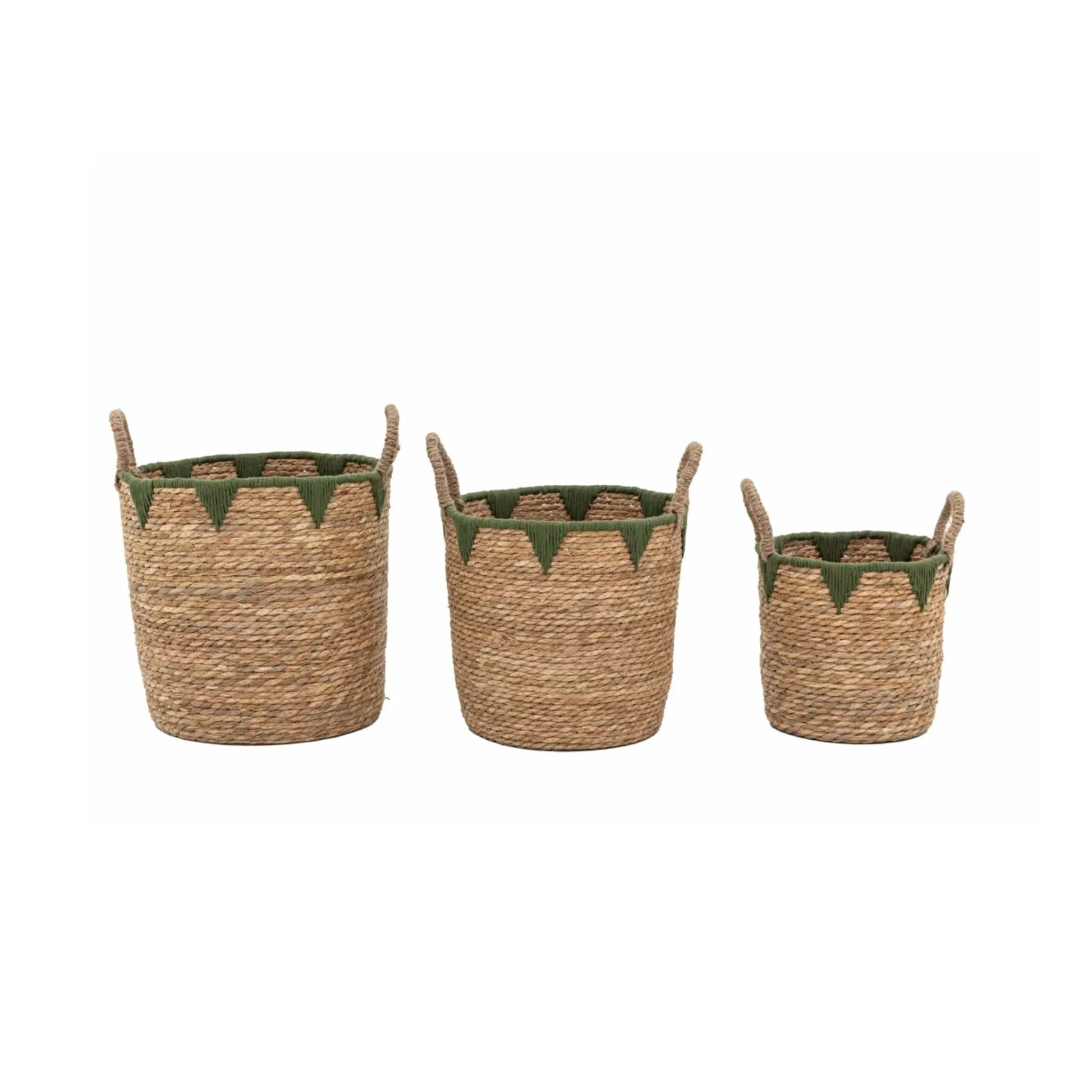 Set of 3 Green Triangle Design Woven Baskets 1