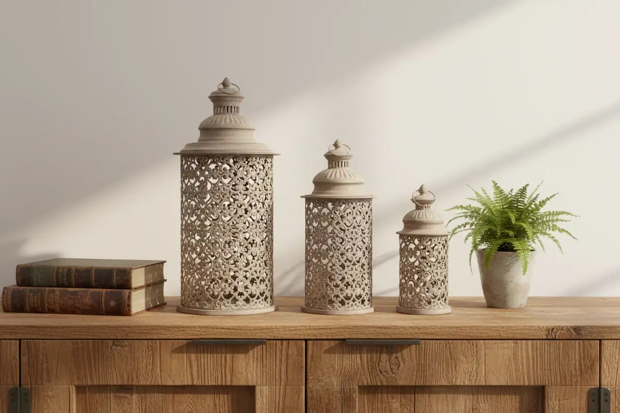 Decorative lanterns on a wooden surface with a plant and books in the background