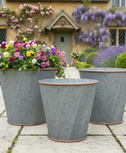 Three decorative planters with flowers in front of a house with floral decorations.