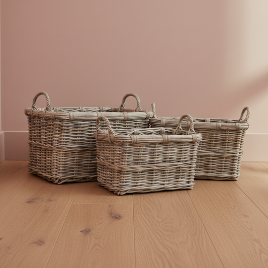 Three wicker baskets of different sizes on a wooden floor with a pink wall background