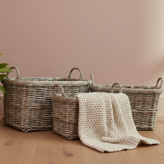 Three woven baskets with a knitted blanket on a wooden floor against a pink wall.