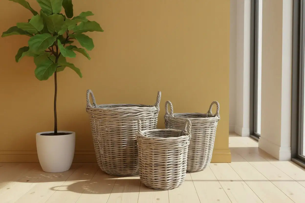 Three wicker baskets of different sizes on a wooden floor with a plant in the background.