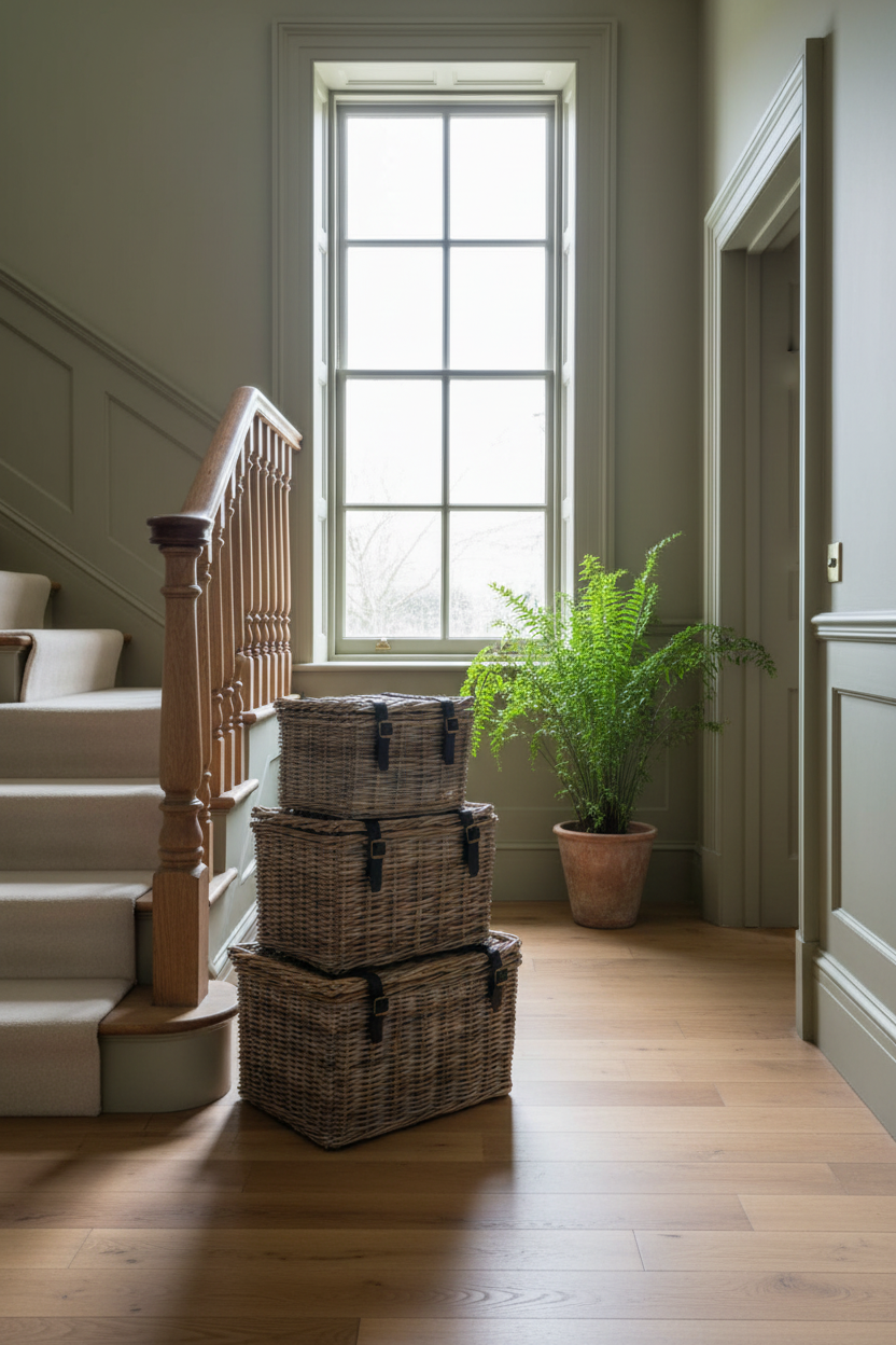 Stack of wicker baskets on a wooden floor with a staircase and window in the background