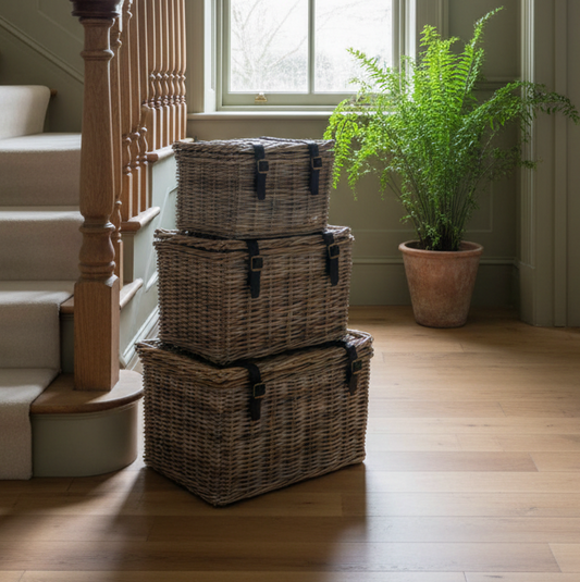 Stack of wicker baskets on a wooden floor with a plant in the background
