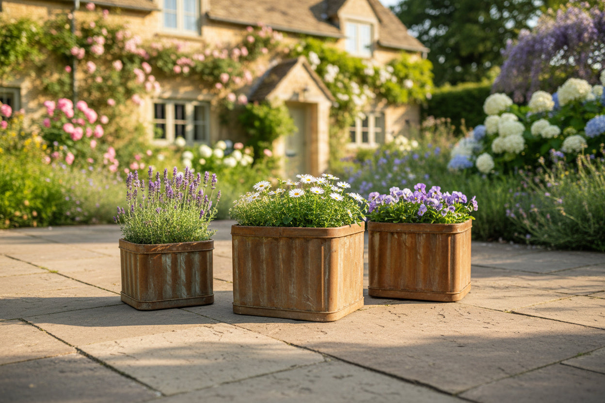 Three wooden planters with flowers on a stone patio in front of a house with garden.