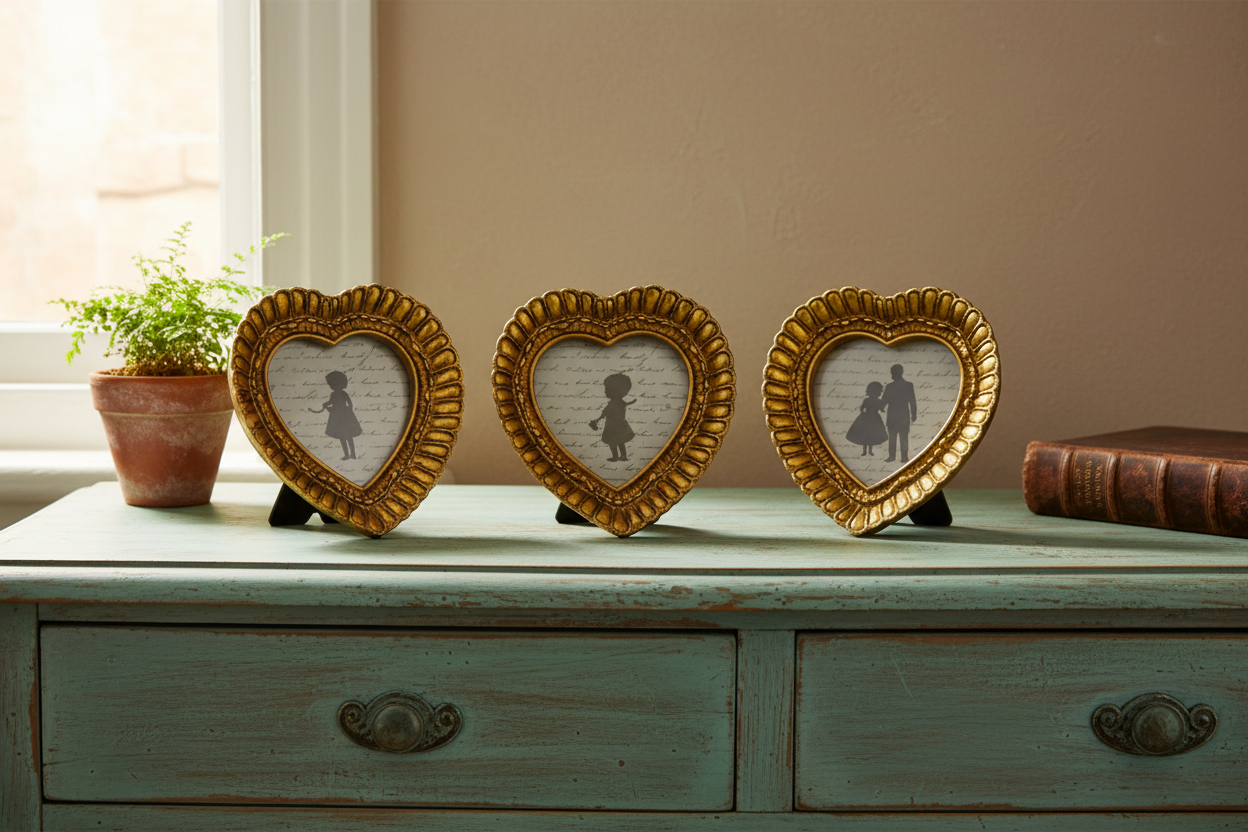 Three heart-shaped picture frames on a wooden surface with a plant and book in the background.