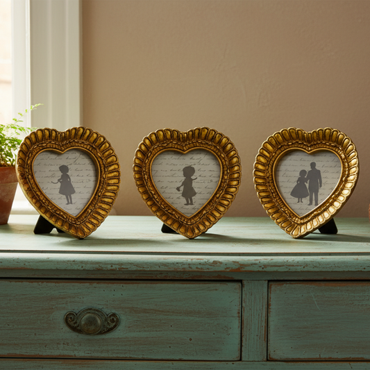 Three heart-shaped gold frames on a wooden surface with a neutral background