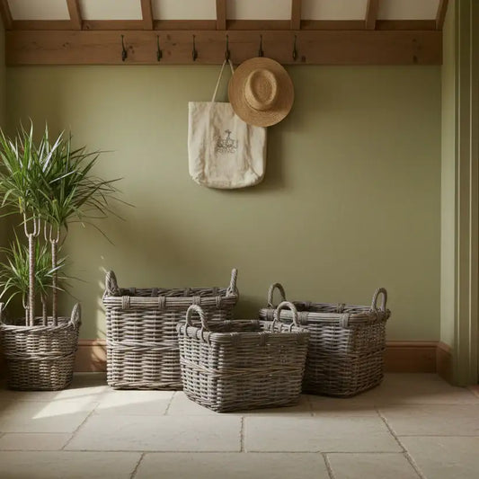 Set of 3 Square Roll Top Rattan Baskets