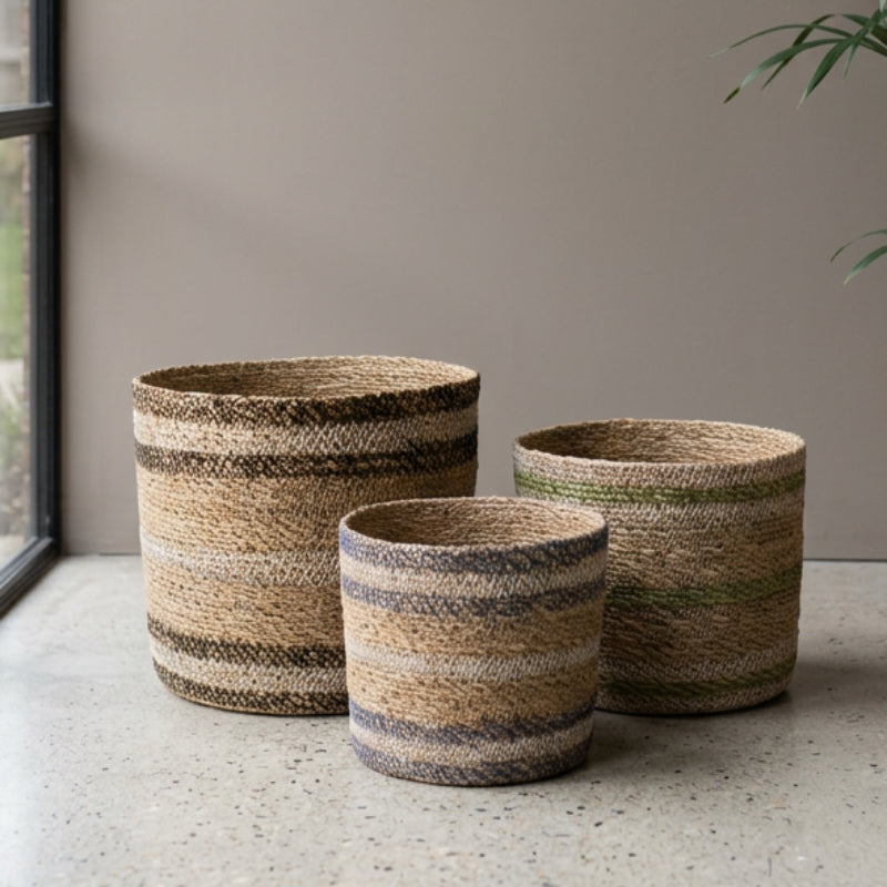 Set of 3 Striped Seagrass Storage Baskets