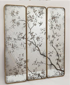 Three-panel vertical wall mirror set with a distressed silver mirror surface, featuring a dark brown branch and bird pattern, and a gold-toned frame.