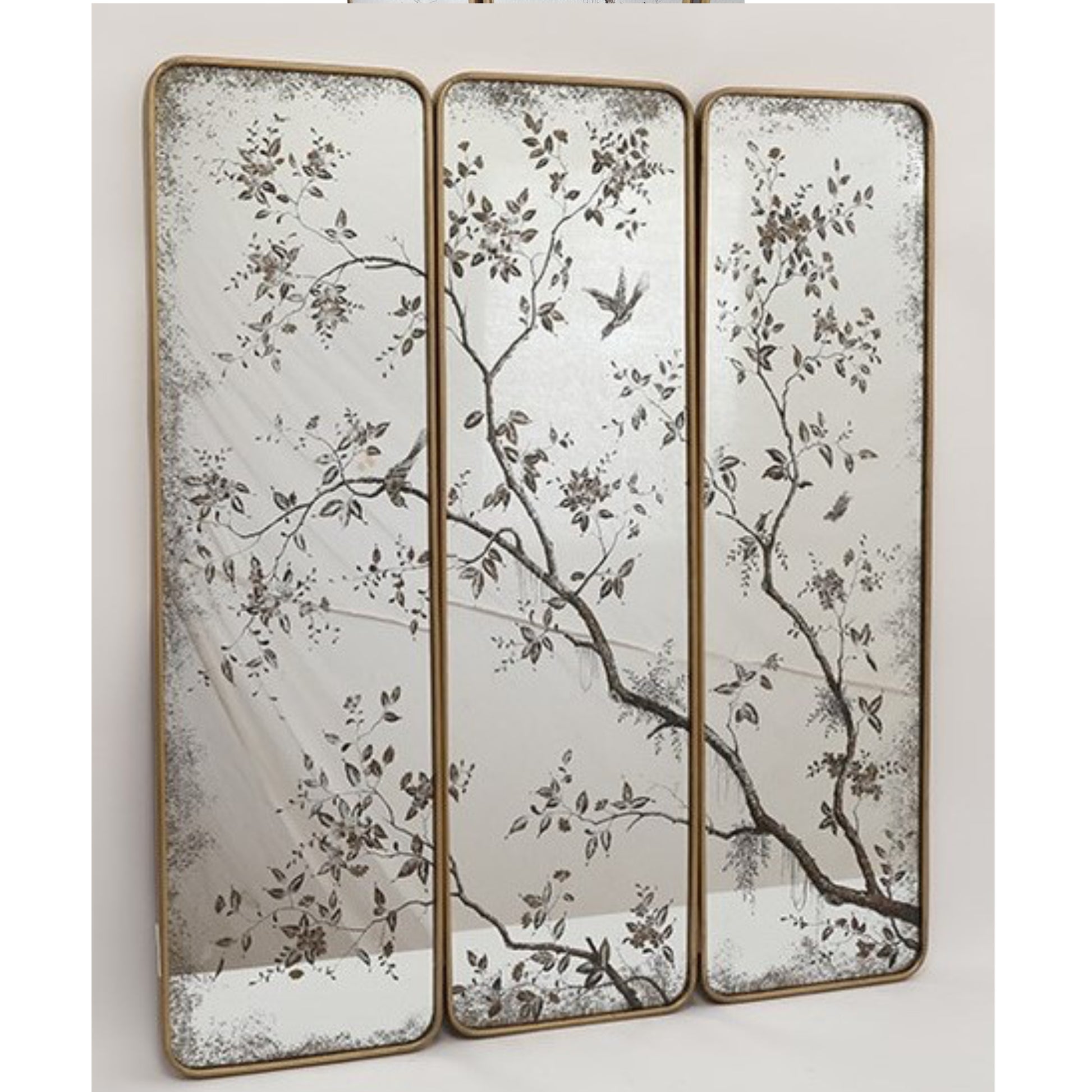 Three-panel vertical wall mirror set with a distressed silver mirror surface, featuring a dark brown branch and bird pattern, and a gold-toned frame.