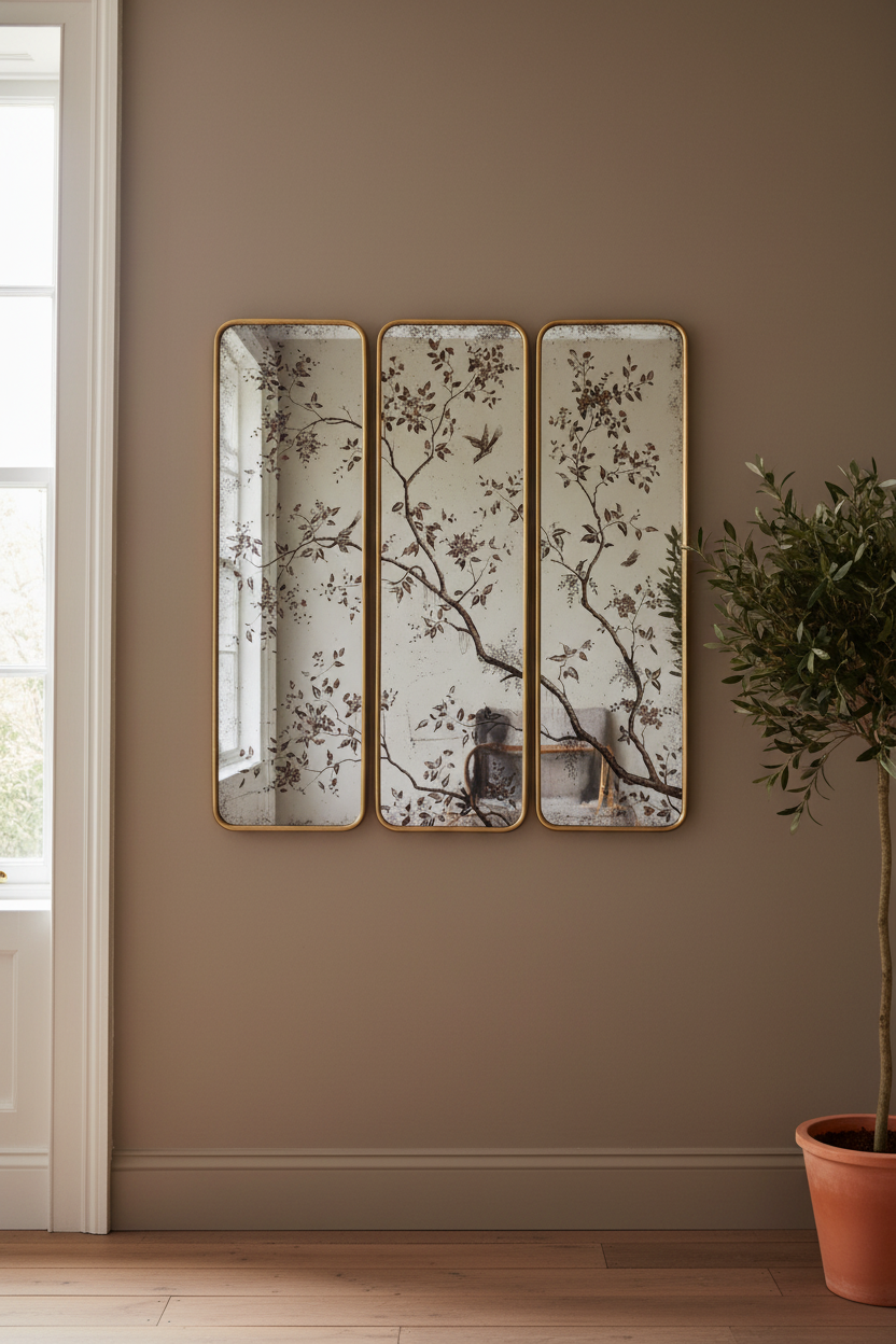 Three vertical rectangular mirrors with gold frames hang on a taupe wall in a styled room, featuring a delicate branch and bird pattern. A potted olive tree is visible on the right, and a window frame is on the left.