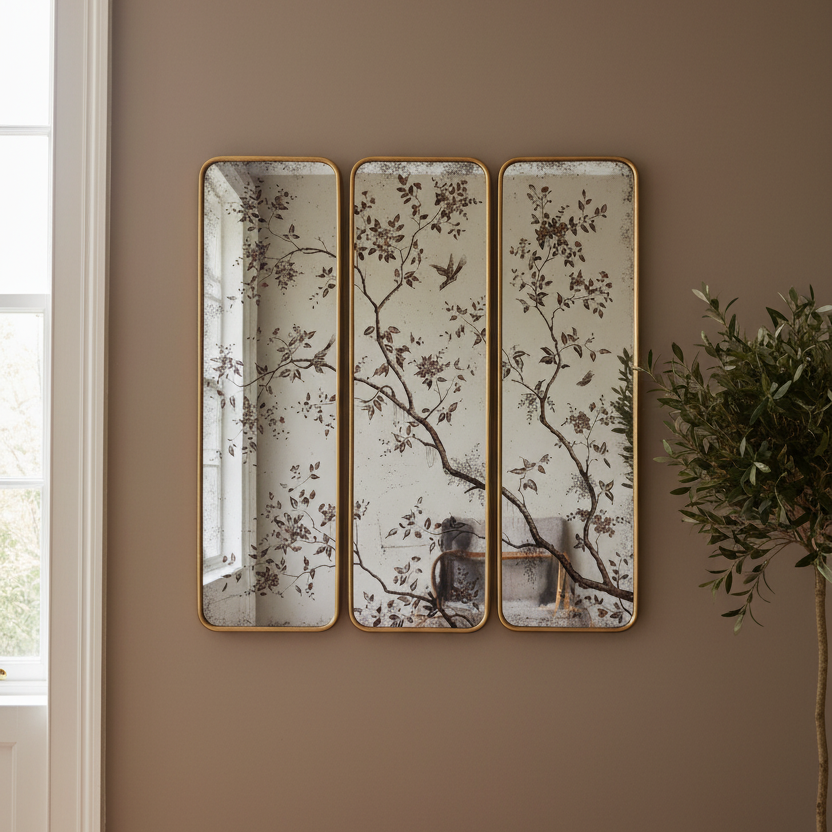 Three vertical rectangular mirrors with gold frames hang side by side on a warm taupe wall. The mirrors feature a vintage-style floral branch pattern in muted brown and gray tones on a distressed off-white background.