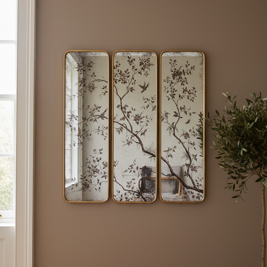 Three vertical rectangular mirrors with gold frames hang side by side on a warm taupe wall. The mirrors feature a vintage-style floral branch pattern in muted brown and gray tones on a distressed off-white background.