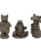 Three stone-like figurines of a cat, frog, and mouse on a white background