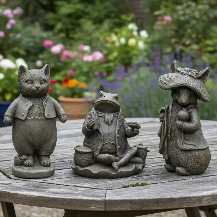 Three garden statues of a cat, frog, and mouse on a wooden table with a garden background.
