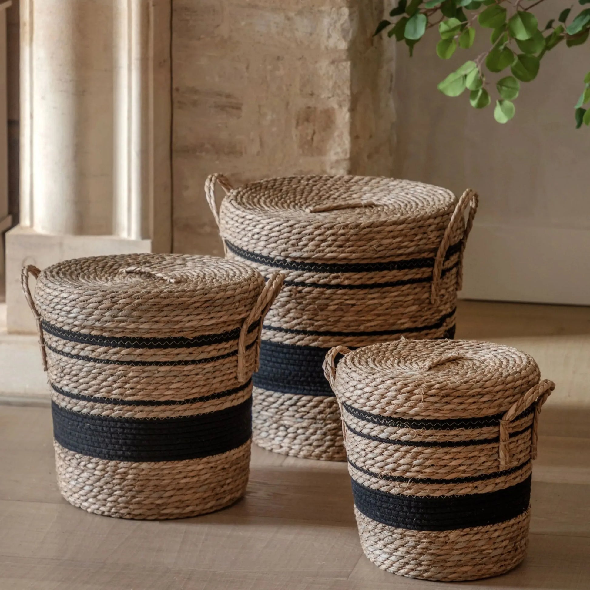 Set of 3 Woven Stripe Storage Baskets with Lids 2