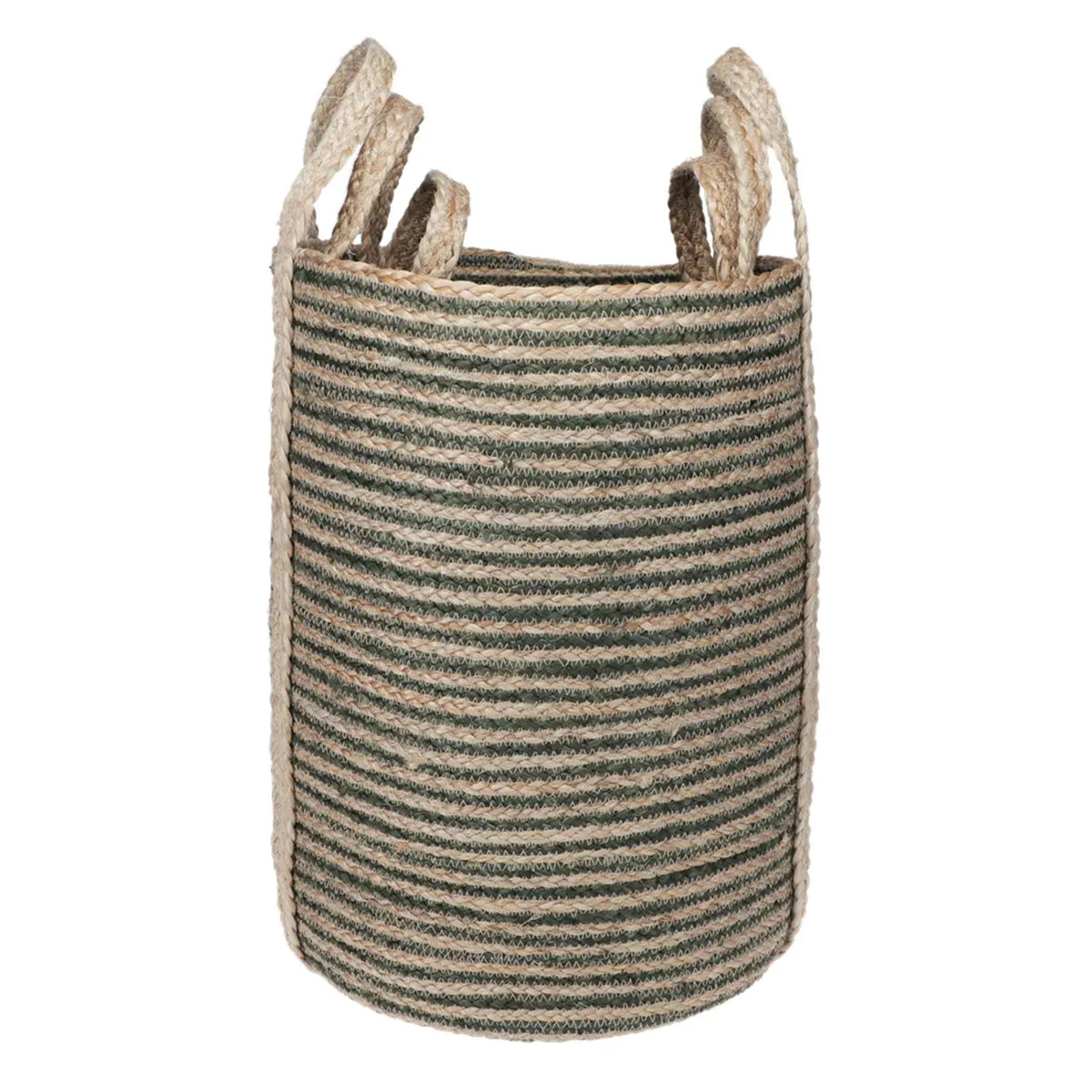 Set of 3 Tall Green Striped Jute Storage Baskets 5