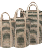 Set of 3 Tall Green Striped Jute Storage Baskets 4